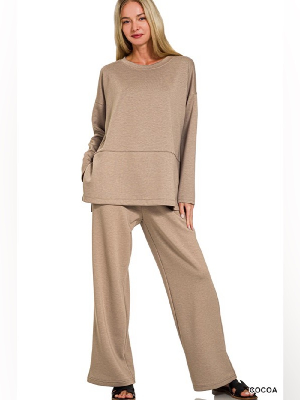 NWT Zenana 2pc Set Cocoa Super Soft SCUBA SIDE SLIT TOP &
PANTS SET
